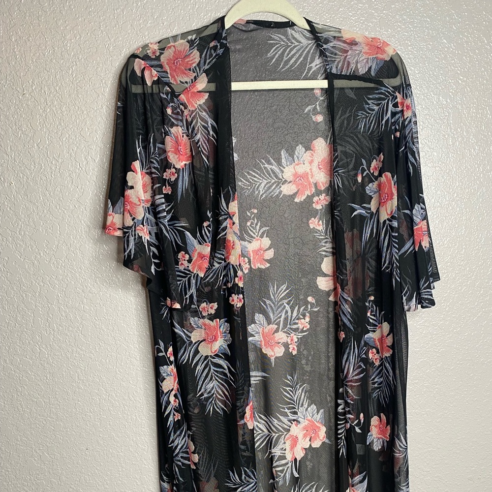 Long sheer black kimono with flower pattern
